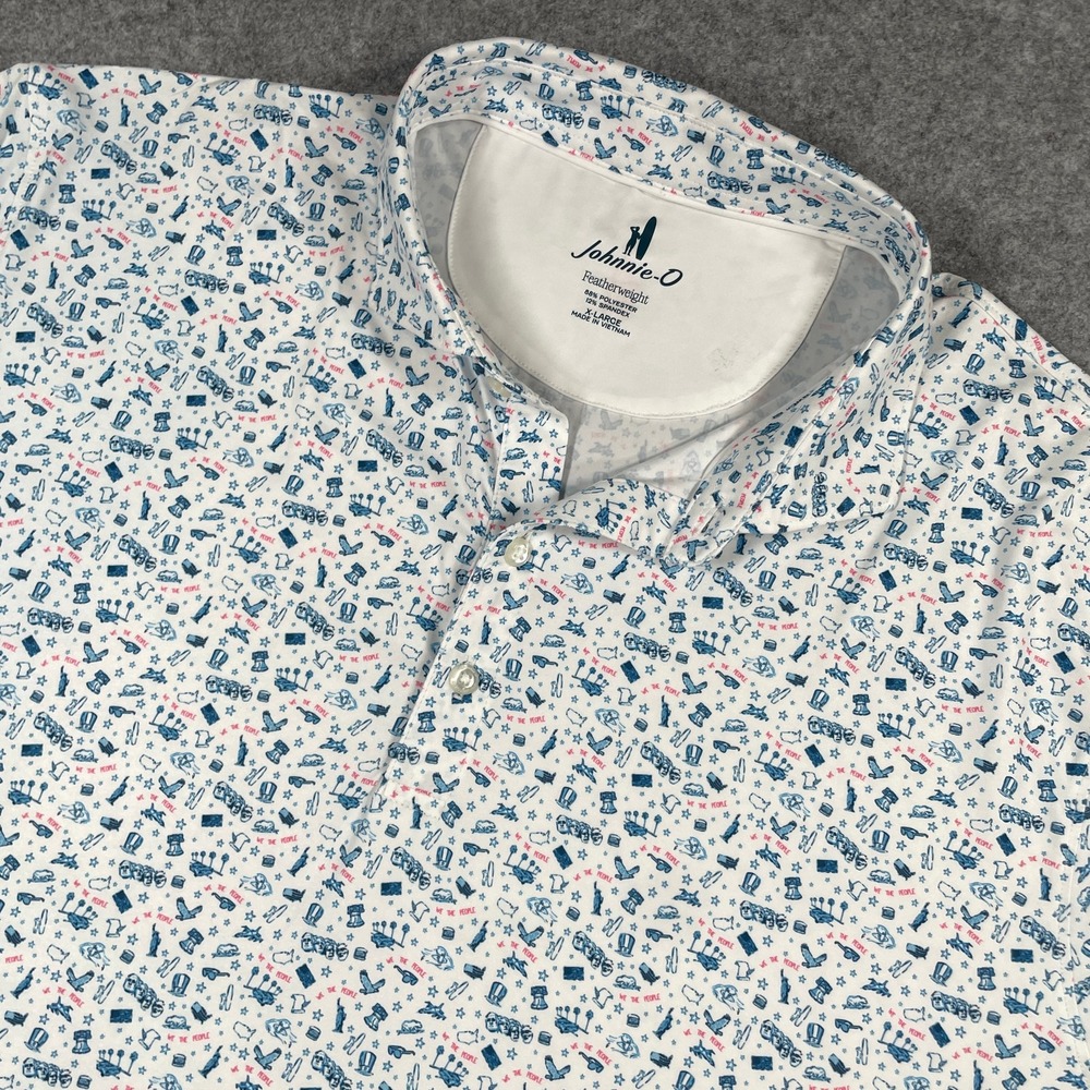 Johnnie-O Mens Polo Shirt XL White Americana Patriotic Featherweight Stretch
